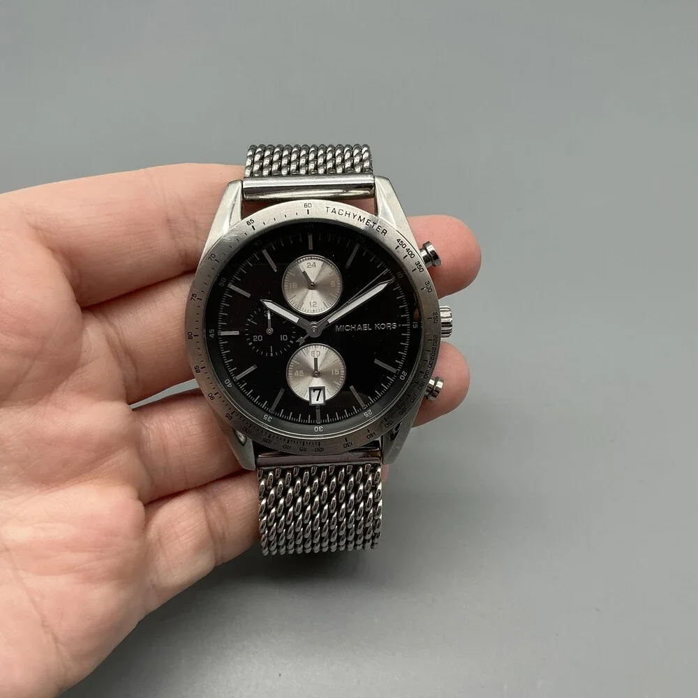 Michael Kors MK8838 Mens Watch 42mm Black Dial Silver Tone Chrono Date New Batt